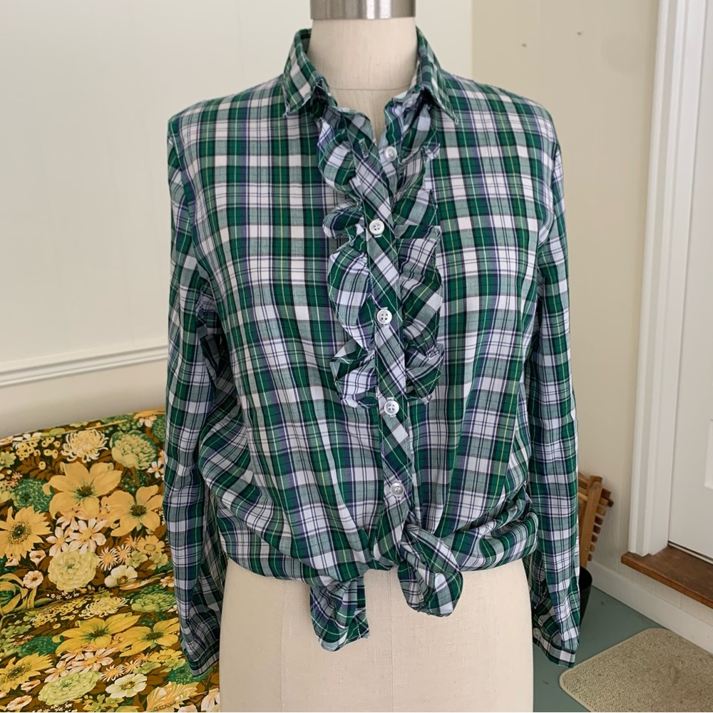 VTG Bryn Mawr green plaid ruffle placket shirt. Size 14 (vintage sizing)